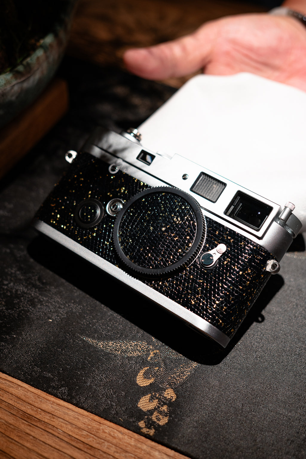 MP Leather art replacement with gold sprinkled lizard skin material/black