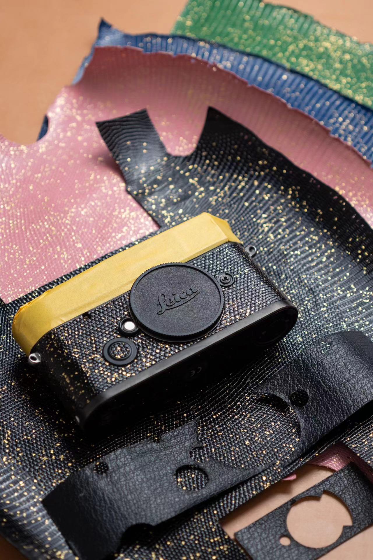 Leather art replacement with gold sprinkled lizard skin material/black