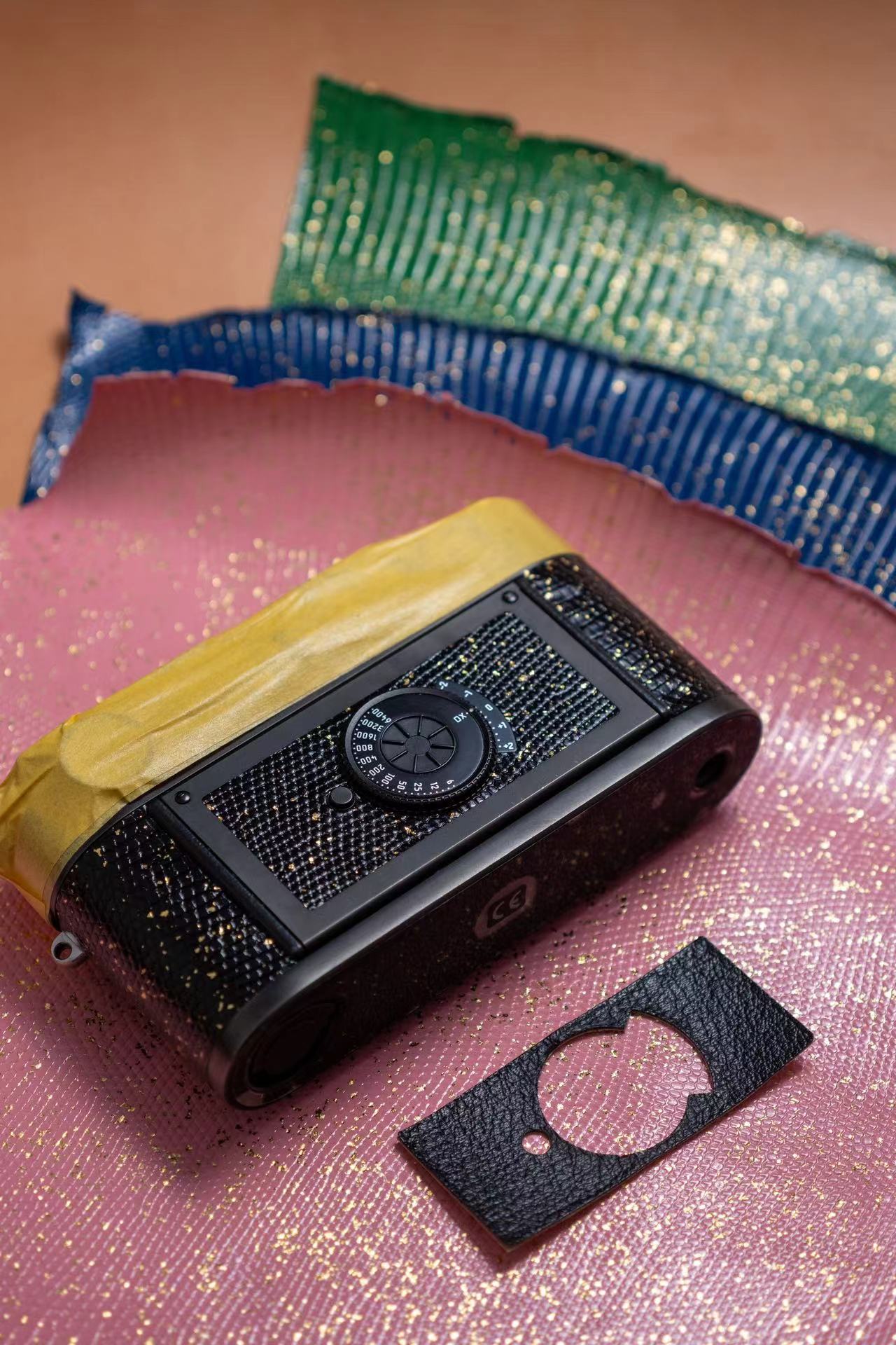 Leather art replacement with gold sprinkled lizard skin material/black