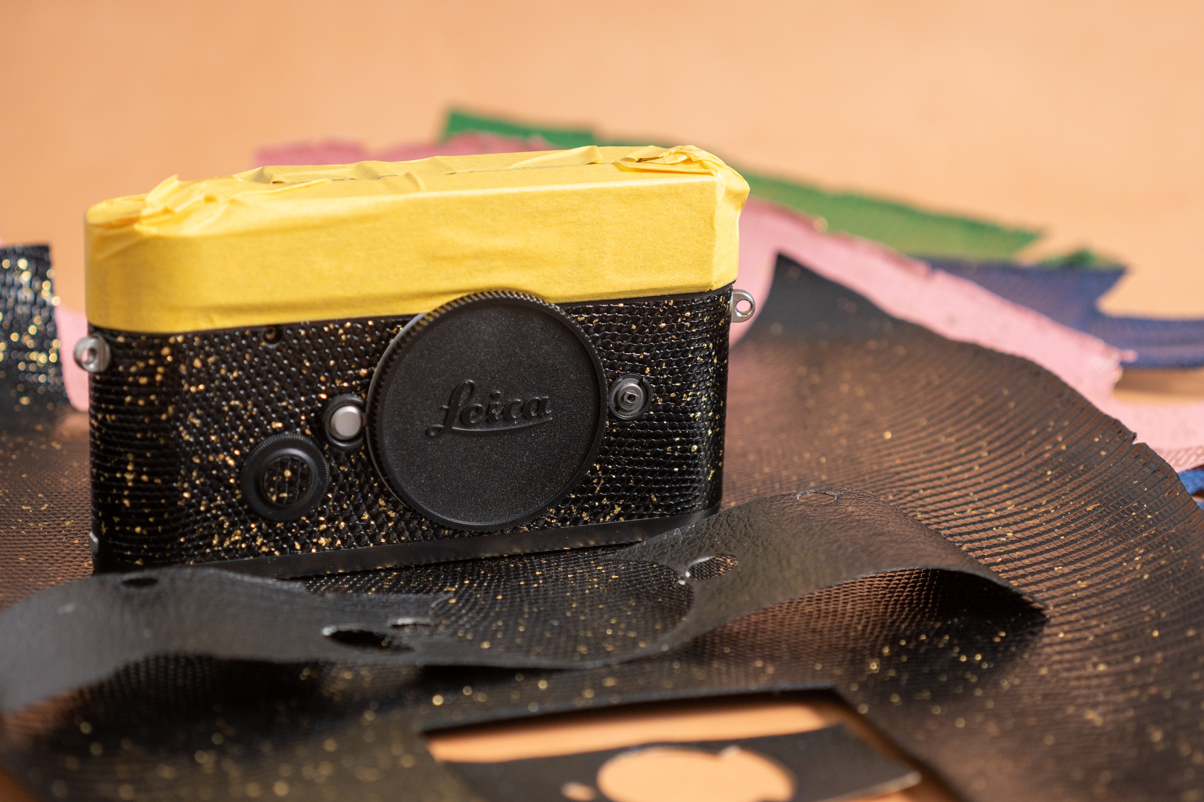 Leather art replacement with gold sprinkled lizard skin material/black