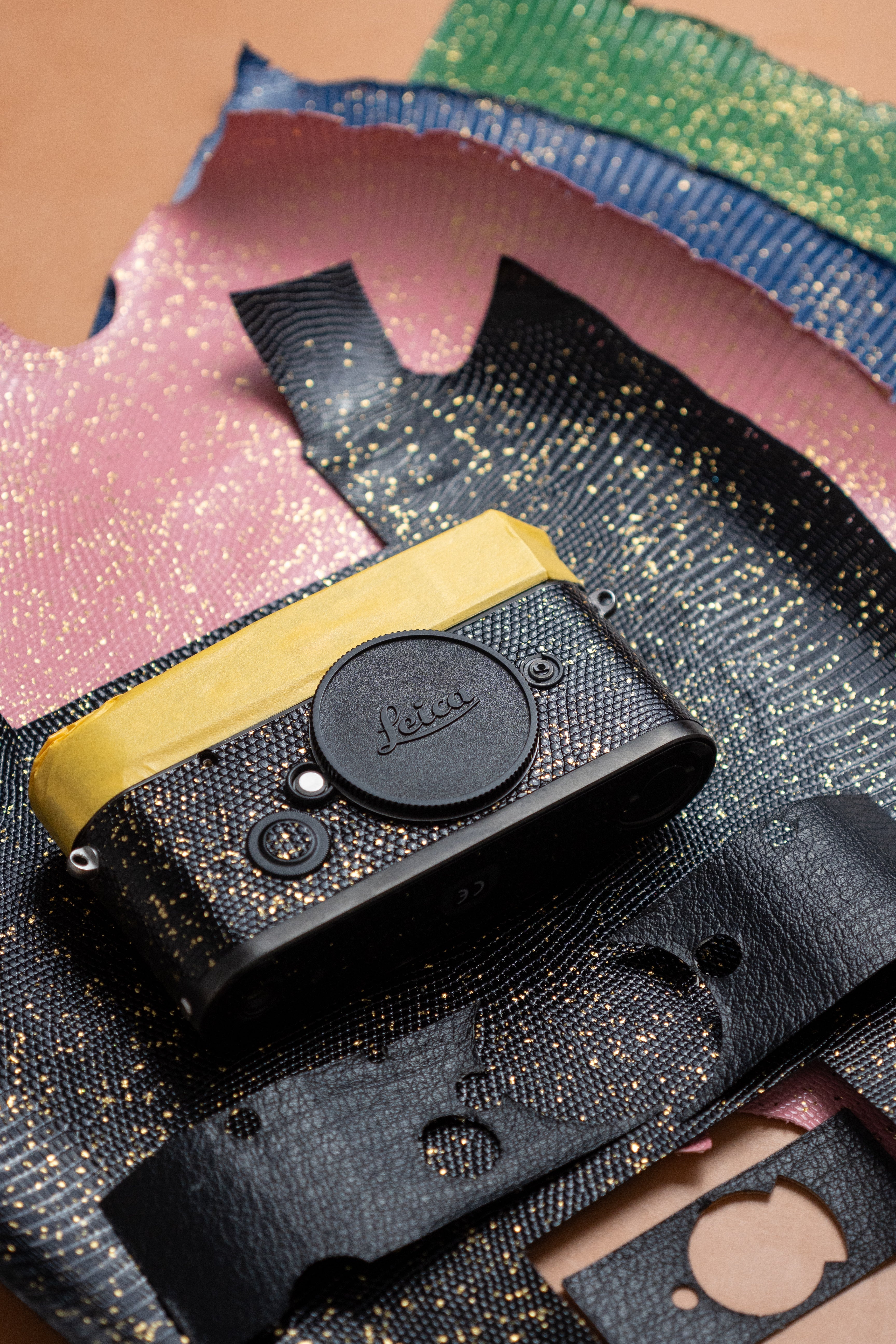 Leather art replacement with gold sprinkled lizard skin material/black